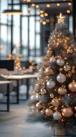 Elegant Christmas tree adorned with golden ornaments and lights in a modern office setting during the holiday season photo