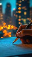 Writing notes with a fountain pen at dusk overlooking a city skyline filled with glowing lights photo