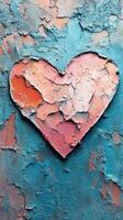 Weathered heart shape against textured blue background shows layers of paint and wear revealing vibrant colors beneath in artistic expression photo