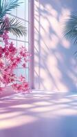 Bright room with floral accents and soft shadows during morning light in a peaceful setting photo