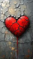 Cracked red heart on a textured wall symbolizing love and heartbreak in an urban environment photo