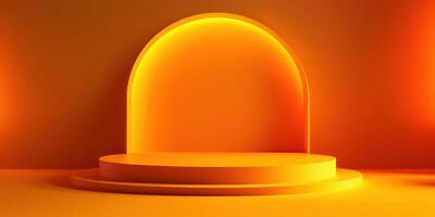 Bright orange stage backdrop with glowing arch and circular platform for presentations or performances photo