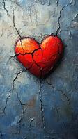 Cracked red heart artwork showing emotional depth against a textured blue background photo
