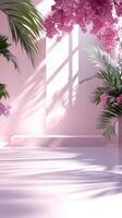 Beautiful indoor space with vibrant pink flowers and lush green plants during golden hour sunlight photo