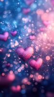 Colorful hearts floating in a dreamy background filled with soft lights and sparkles during a festive celebration photo