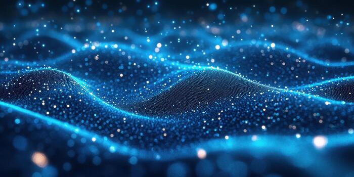 Visual representation of shimmering blue waves in a digital landscape with luminous particles illuminating the surface photo