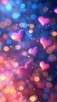 Colorful hearts floating in a dreamy background with vibrant lights and sparkles photo