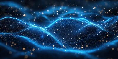 Visual representation of flowing blue waves illuminated by particles in a dark environment photo