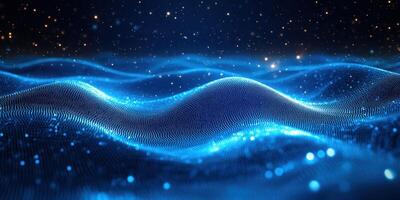Illuminated waves of blue light create a mesmerizing digital landscape at night photo