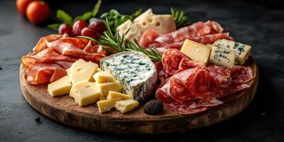 Charcuterie board featuring various cheeses, meats, and fruits displayed on a wooden platter in a cozy setting photo