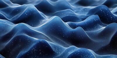 Textured blue fabric waves illuminated by soft light create a captivating visual effect in a detailed close-up shot photo