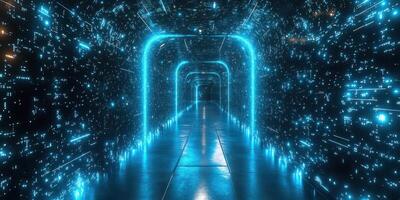 Futuristic digital corridor illuminated by glowing blue lights with a sleek reflective floor photo