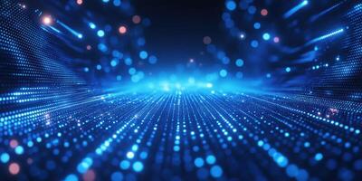 Vibrant abstract representation of digital data flow with blue and teal glowing lights in a futuristic perspective view photo