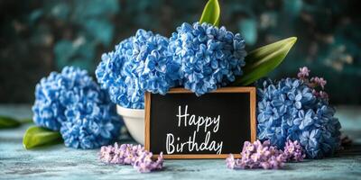 Beautiful blue flowers with birthday message displayed on a rustic table photo