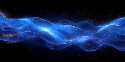 Vibrant blue waves of light flow across a dark backdrop filled with distant stars and cosmic dust photo