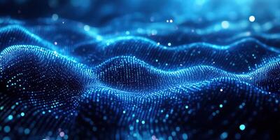 Abstract digital waves with glowing blue particles create a mesmerizing visual of light and motion in a dynamic environment photo