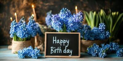 Beautiful blue flowers and a chalkboard displaying a birthday greeting in a cozy setting photo