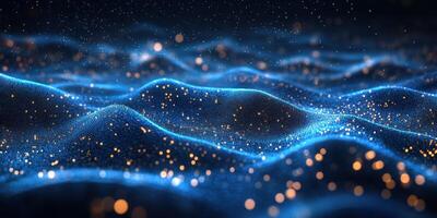 Shimmering blue waves with golden particles create a mesmerizing underwater effect in an abstract design photo