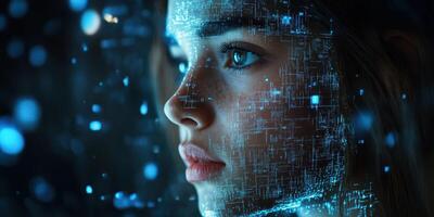Digital portrait of a young woman with glowing patterns projected on her face during a futuristic concept exploration photo