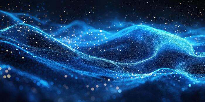 Waves of shimmering blue light create a mesmerizing effect in a dark environment during a quiet and enchanting night photo