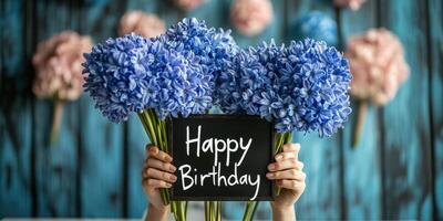 Celebration of joy with blue flowers and a birthday message in a vibrant setting photo
