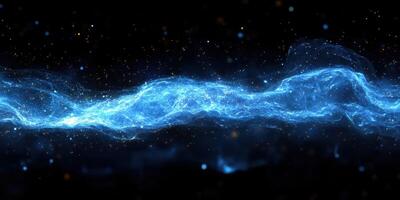 Vibrant blue cosmic energy flows through the darkness of space with shimmering stars surrounding it photo