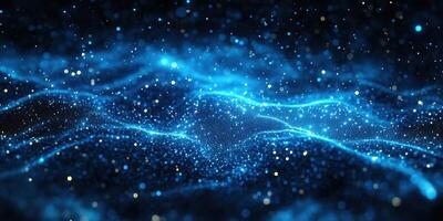 Bright blue particles create a mesmerizing illusion of waves in a dark starry space photo