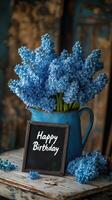Bright blue flowers in a vintage pitcher celebrating a special birthday occasion with a handwritten sign photo