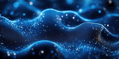 Digital landscape with glowing blue waves and shimmering particles captured at night photo