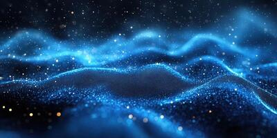 Vibrant blue waves illuminated by shimmering particles in a cosmic inspired background during nighttime photo