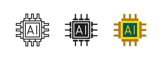 AI chip icon. Advanced artificial intelligence processor illustration. Microchip and circuit board symbol representing digital computing, neural networks and automation technology. vector