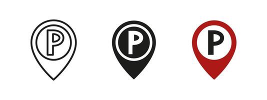 Parking icon. Location marker with P symbol illustration. Sign representing designated car space, navigation and urban convenience for drivers in public and private areas. vector
