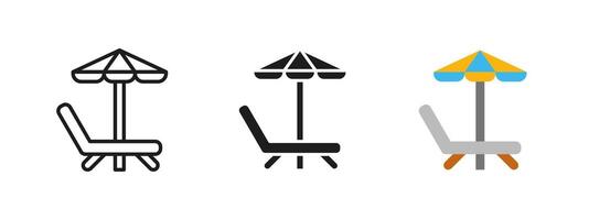 Beach chair icon. Lounge chair with umbrella illustration for summer relaxation and vacation. A comfortable seating option for enjoying shade at the beach or resort. vector