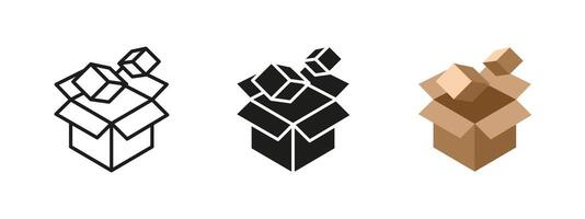 Open box icon. Cardboard container with unpacked items illustration. Packaging and delivery symbol. Logistics, storage and shipping concept. Parcel and warehouse organization pictogram. vector