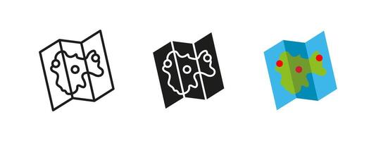 Map icon. Folded travel map with location markers illustration. Represents navigation, geography and exploration for tourism, trip planning and adventure routes. vector