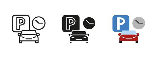 Timed parking icon. Vehicle under parking sign with clock illustration. Regulated parking duration symbol for urban spaces, ensuring controlled vehicle stops and efficient traffic management. vector