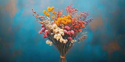 Vibrant bouquet of dried flowers on a blue background showcases unique colors and textures in a decorative arrangement photo