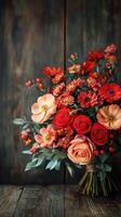 Beautiful floral arrangement featuring red and pink flowers with greenery in a rustic setting photo