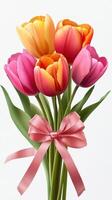 Colorful tulip bouquet arranged with a pink ribbon for a cheerful spring decoration photo