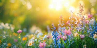 Blooming wildflowers in a sunlit meadow during springtime in a tranquil natural setting photo