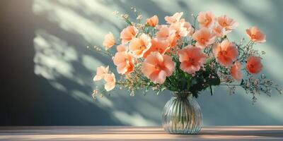 Freshly arranged peach colored flowers in a glass vase on a wooden table with soft natural lighting photo