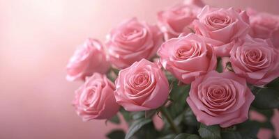 Bunch of fresh pink roses arranged elegantly on a soft pink background perfect for gifting or decoration photo