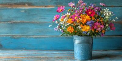 Vibrant wildflower bouquet in a rustic blue pot against a weathered wooden backdrop photo