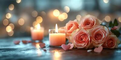 Romantic setting with pink roses and candles creating a warm atmosphere for a special evening photo