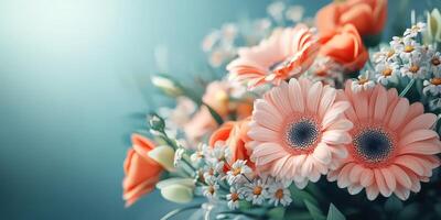 Colorful bouquet featuring pink roses and white daisies arranged elegantly in soft light photo