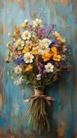 Beautiful bouquet of wildflowers wrapped in twine against a rustic blue wooden background photo