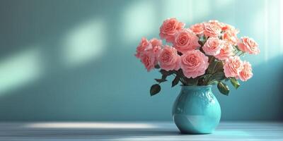 Colorful bouquet of pink roses in a turquoise vase on a wooden table with soft light shining through the window photo