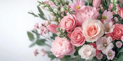 Beautiful bouquet of pink flowers arranged artistically in a soft, neutral setting photo