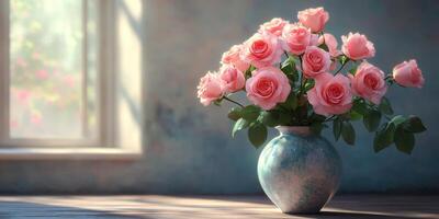 Beautiful bouquet of pink roses in a vase by a sunny window with soft light illuminating the petals photo
