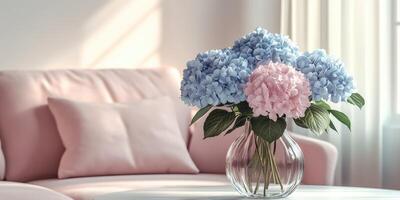 Beautiful arrangement of hydrangeas in a stylish living room with soft lighting and cozy ambiance photo
